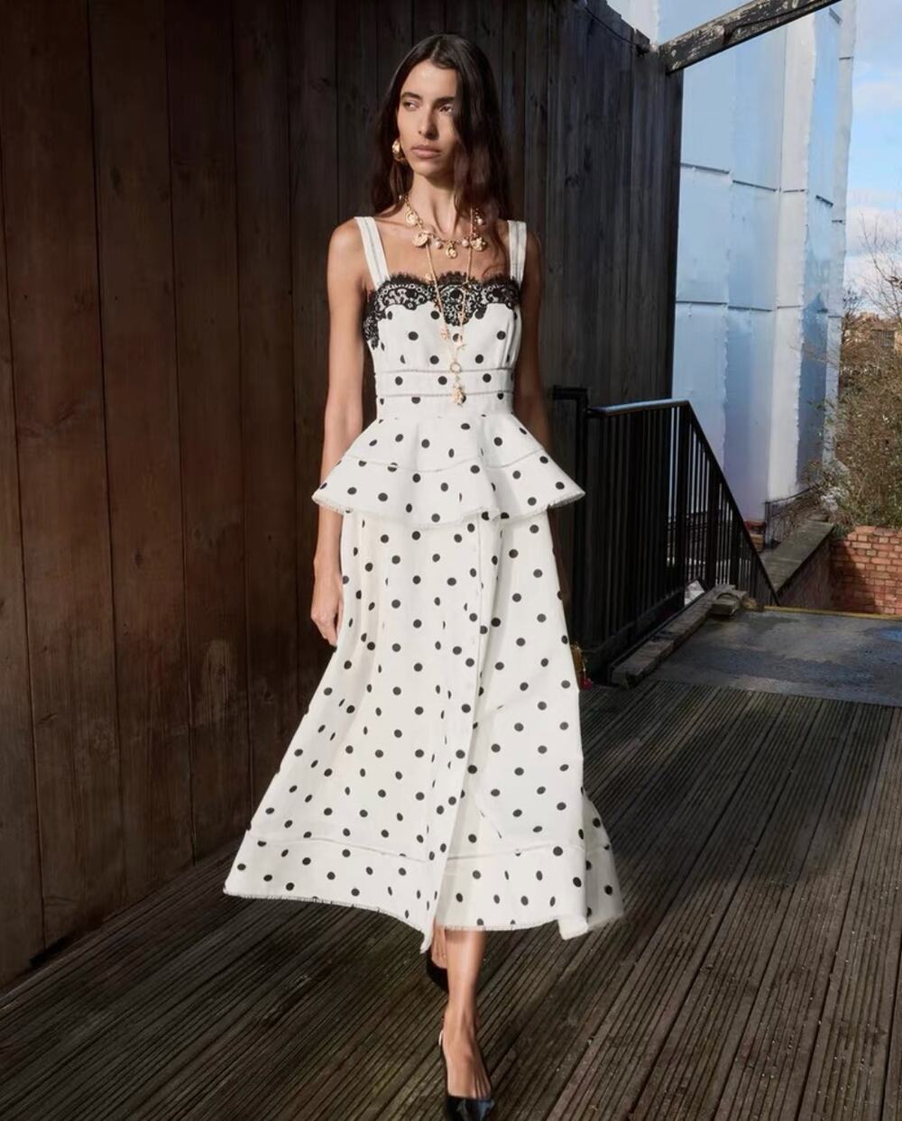 Self-Portrait White Polka Dot Linen Midi Dress